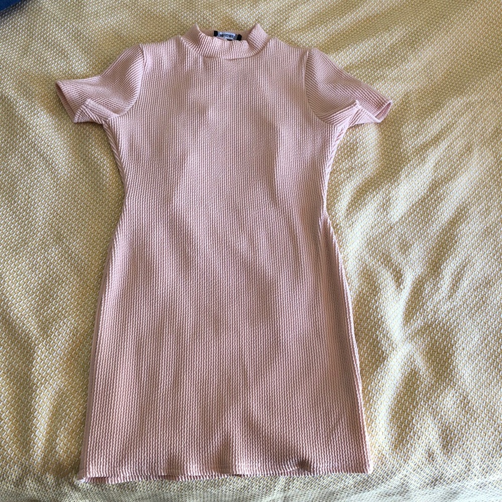 Missguided open back high neck nude dress